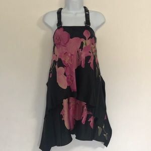 Satin floral flowy beaded halter tube black/pink